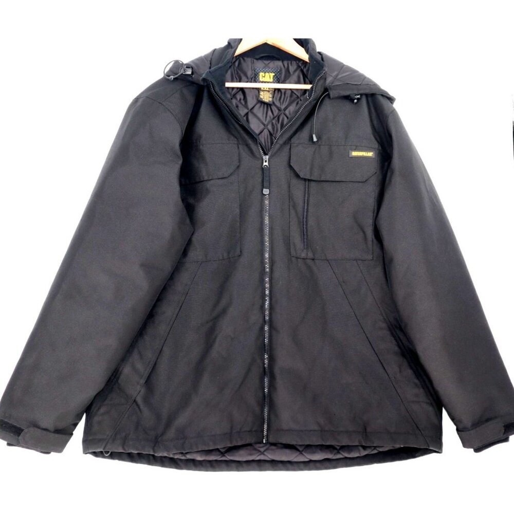 CAT Mens Black Hooded Jacket 2XL Polyester Quilted Insulation Winter
